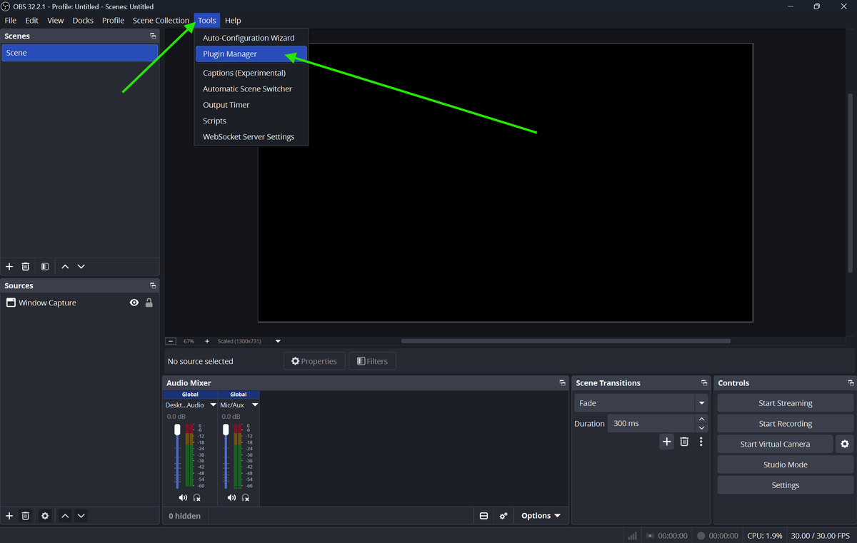 OBS Studio plugin settings showing installed plugins that can be disabled for troubleshooting