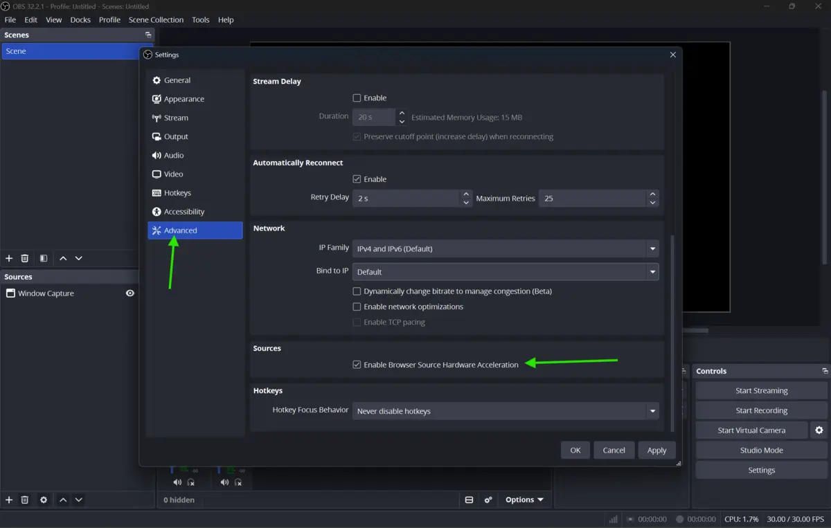OBS Studio Advanced settings showing the Hardware Acceleration option being disabled