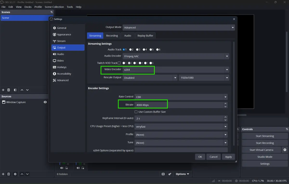 OBS Studio Output settings showing the bitrate & encoder field for adjusting streaming quality