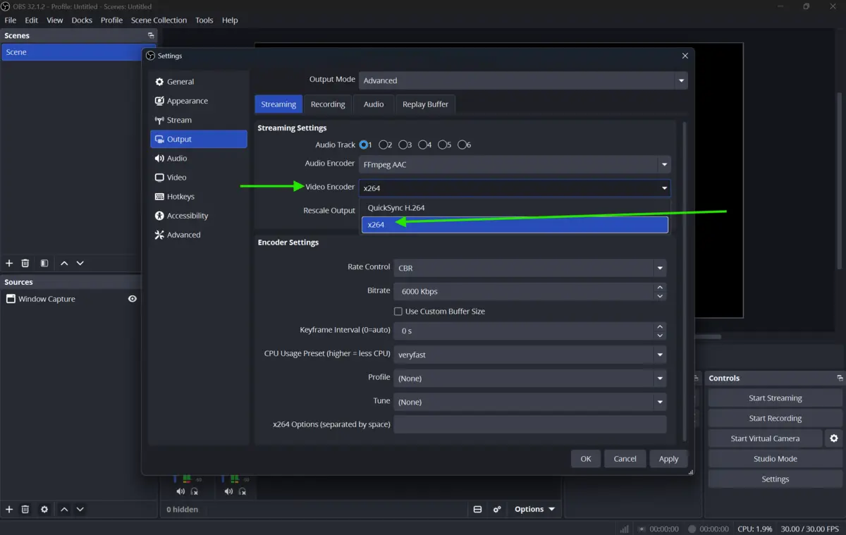 OBS Studio Output settings showing the encoder selection for streaming