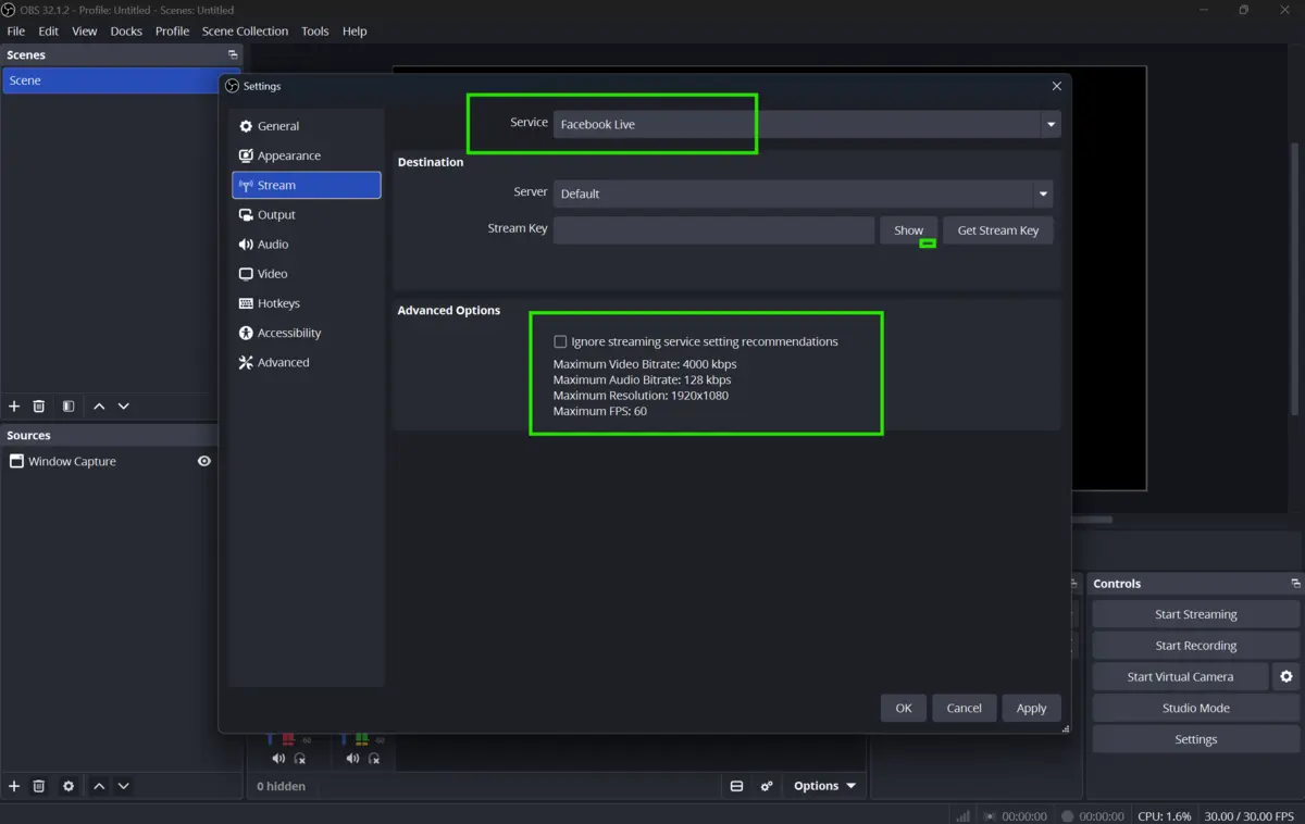 OBS Studio streaming settings configured for Facebook Live with platform-specific bitrate and keyframe settings