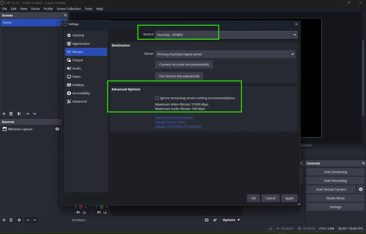 OBS Studio streaming settings configured for YouTube with platform-specific bitrate and keyframe settings