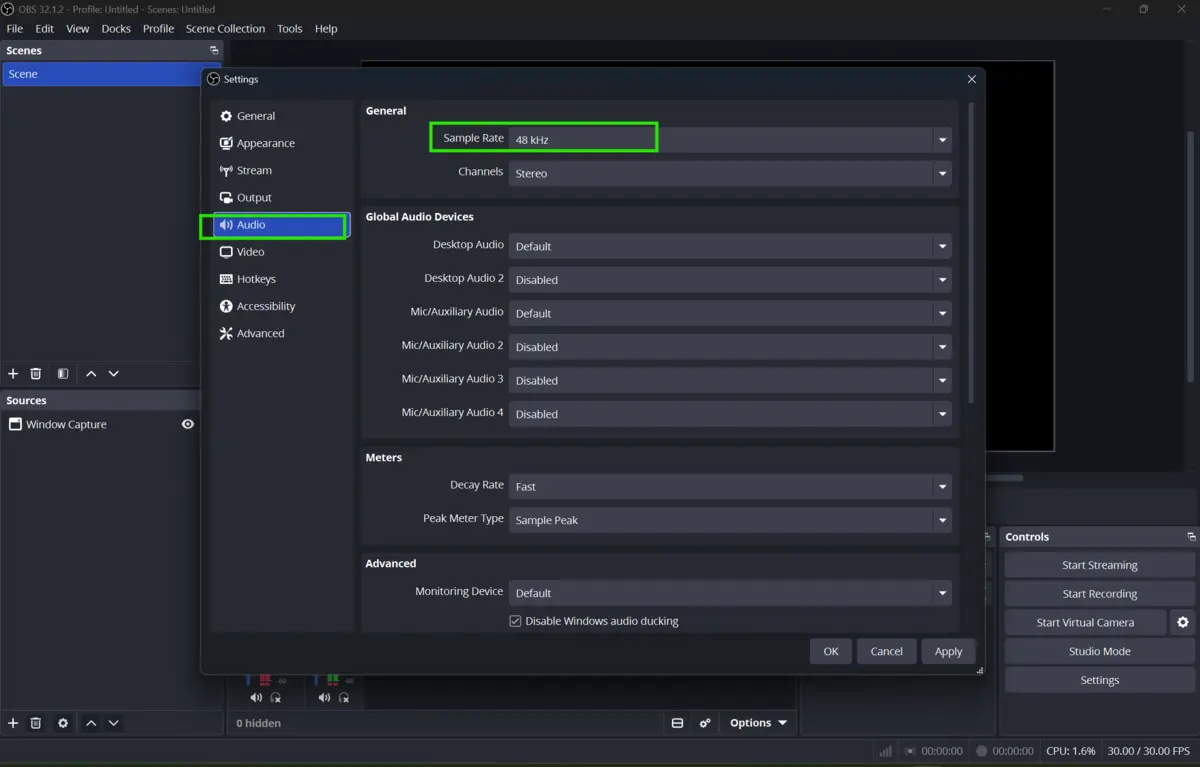 OBS Studio audio settings showing sample rate and audio bitrate configuration for streaming