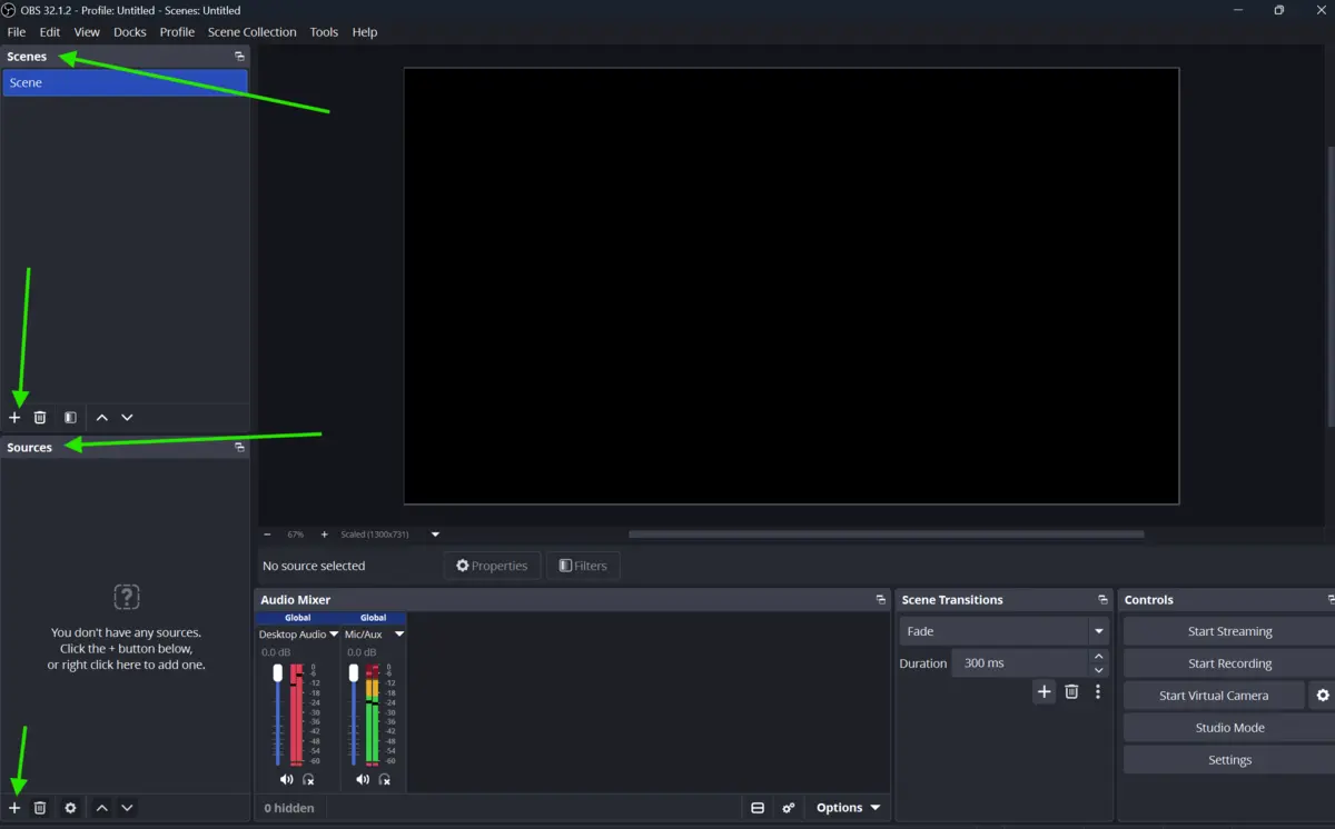 OBS Studio main interface showing how to create and arrange scenes and sources for a live stream