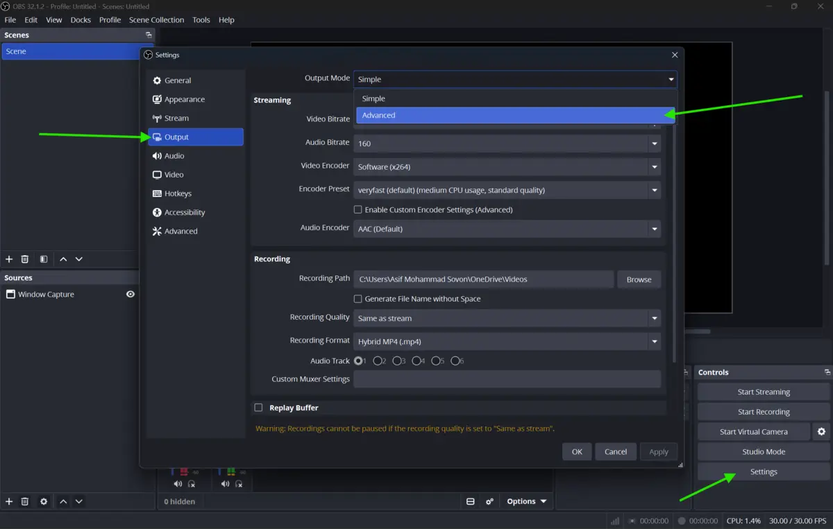 OBS Studio Output settings showing Advanced output mode selected