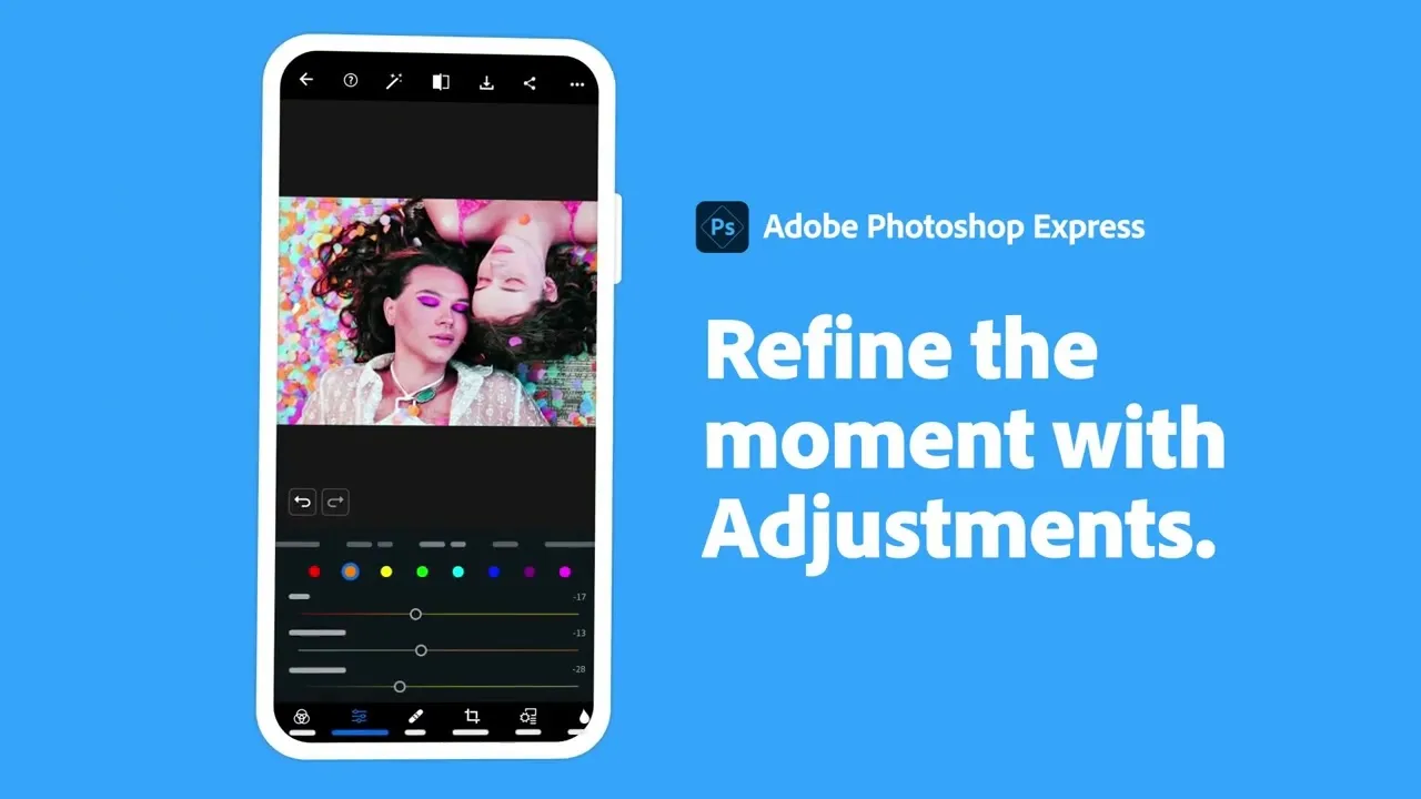 Adobe Photoshop Express app displaying AI-powered photo editing and portrait retouching tools on Android