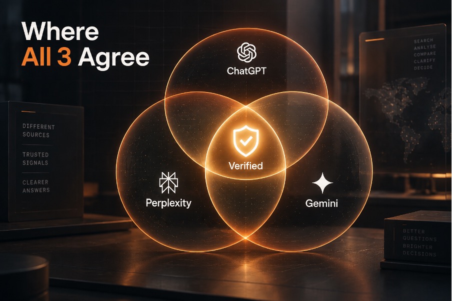 : AI cross-checking concept showing ChatGPT, Perplexity, and Gemini agreement forming a verified source through a glowing Venn diagram.