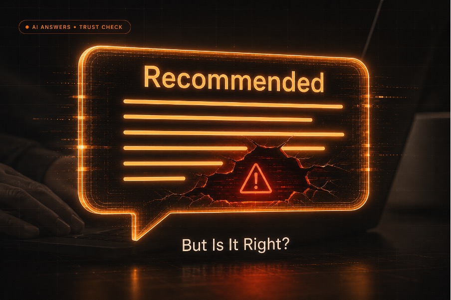 3D futuristic illustration of an AI-generated recommendation appearing confident but containing a hidden error, shown as a glowing blue speech bubble with a subtle red warning fracture.