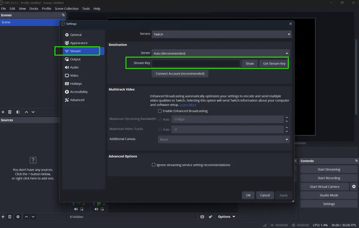 OBS Studio Stream settings for entering a stream key