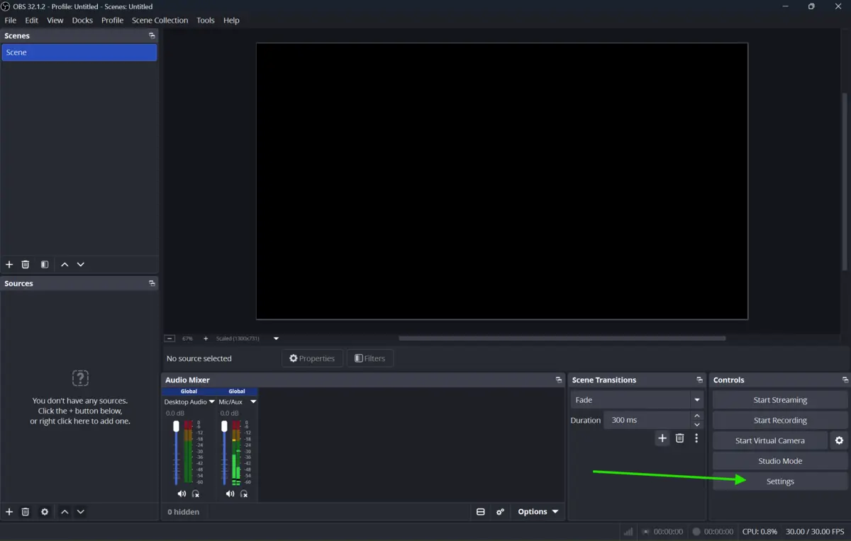 OBS Studio Settings option in the main interface