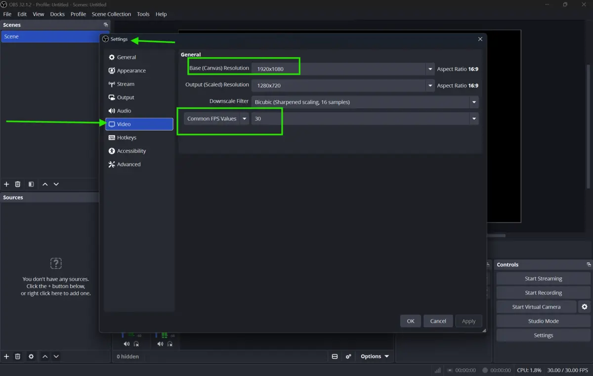 OBS Studio resolution and FPS settings