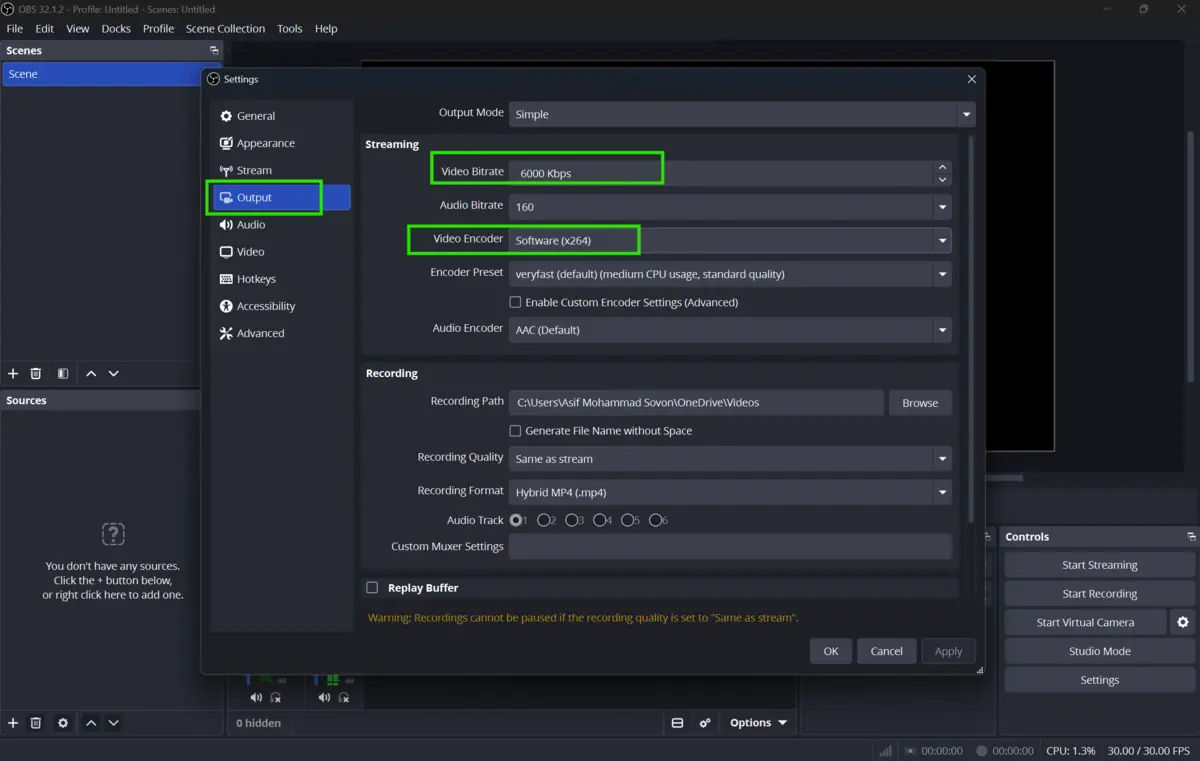 OBS Studio encoder and bitrate settings