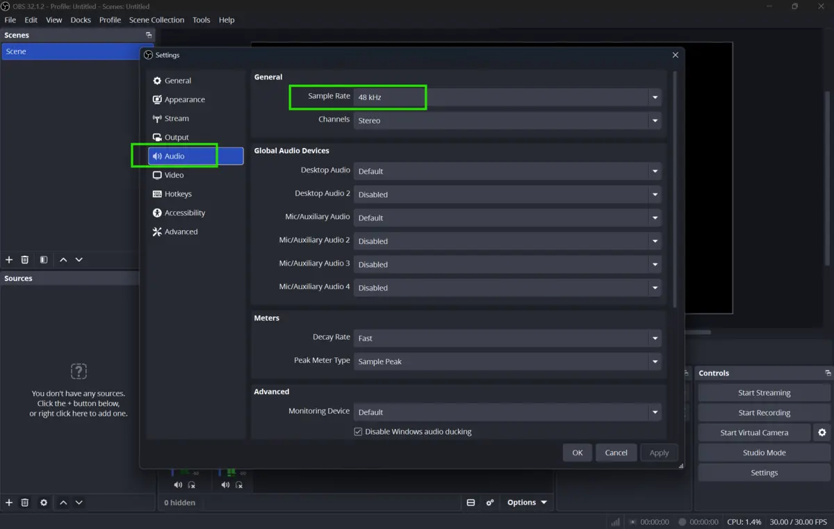 OBS Studio audio settings and device configuration