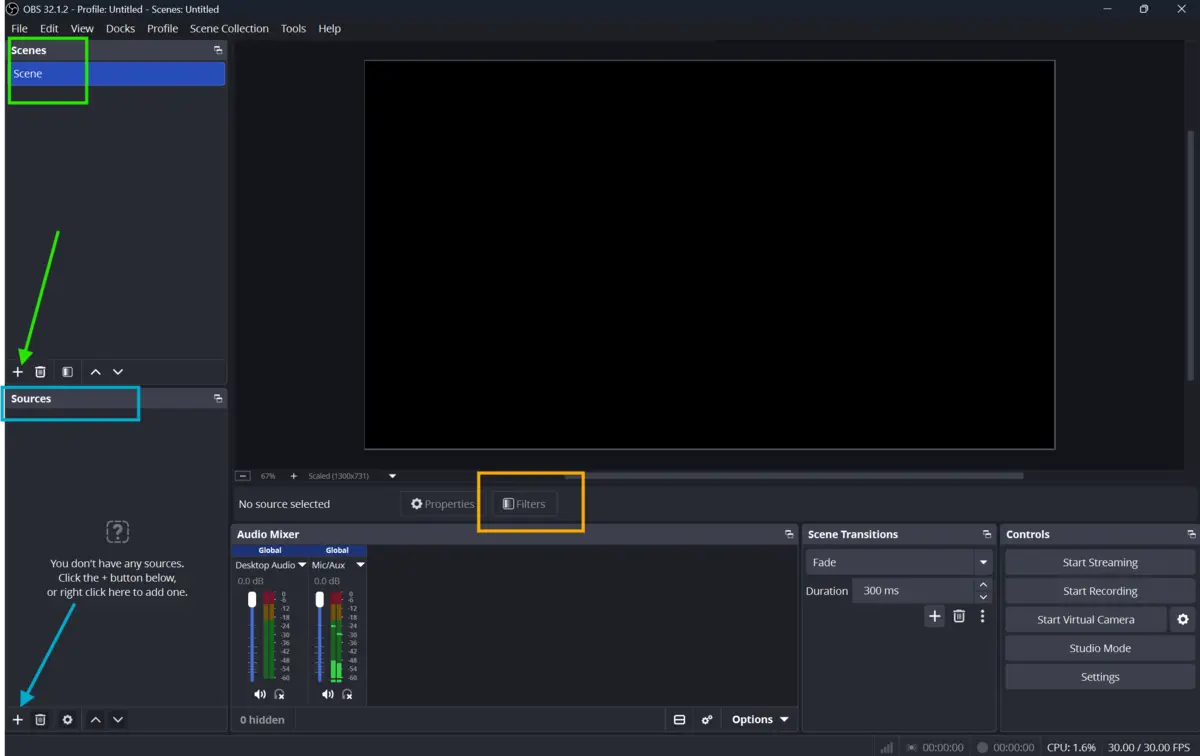 OBS Studio scene, source, and filter options