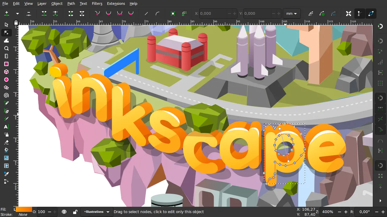 Inkscape logo on a branded background in editing canvas