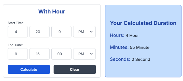 Calculating the hour duration between 4:20 PM and 9:15 PM.